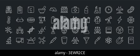 Laboratory microscope research chemistry dna chemical icon set. Chemistry lab experiment medicine development line icon set Stock Vector