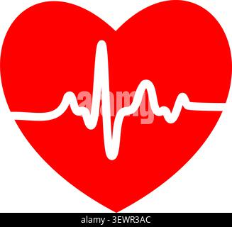 Red medical heart shape with white heartbeat pulse, line cardiogram concept for healthcare clinic diagnostic emergency life support flat abstract sign healthy lifestyle cardiology rhythm rate symbol illustration isolated on white background. Stock Vector