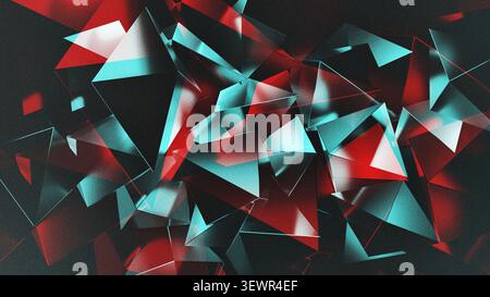 Abstract 3D Rendered Grainy Geometric Background with Glowing Cyan and Red Glass Triangles. Stock Photo