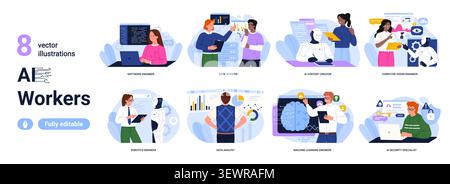 Collection of ai workers featuring software engineer, data scientist, robotics expert, analyst, content creator and security specialist isolated on white background vector illustration Stock Vector