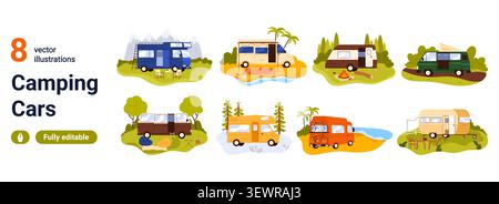Collection of camper vans, motorhomes and caravans in outdoor nature scenes for road trip, vacation and camping themes, isolated on white background vector illustration Stock Vector