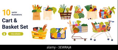 Collection of grocery carts, baskets and reusable bags filled with fresh food, vegetables, bread and household items, isolated on white background vector illustration Stock Vector