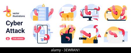 Collection of cyber attack concepts with worms, phishing emails, hacked devices, blocked screens, malware alerts and data breach scenes isolated on white background vector illustration Stock Vector