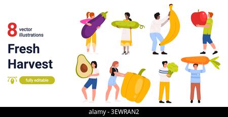 Collection of people carrying oversized eggplant, cucumber, banana, apple, avocado, pepper, broccoli and carrot in a fresh harvest set isolated on white background vector illustration Stock Vector