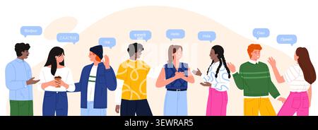 Diverse people greeting each other in multiple languages with speech bubbles, showing global communication, translation, culture, learning and social interaction vector illustration Stock Vector