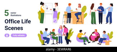Collection of office life scenes with coworkers presenting, chatting, meeting, and working on laptops in modern workplace settings, isolated on white background vector illustration Stock Vector