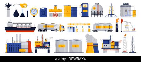 Petroleum industry icons with refinery plant, offshore platform, oil tanker ship, fuel truck, gas station, storage tanks, drilling rigs isolated on white background vector illustration Stock Vector