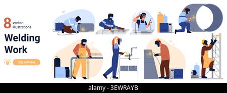 Vector professional welders in protective masks working with metal structures, pipes, ladders using welding equipment, sparks, gas cylinders for industrial construction, repair, manufacturing isolated Stock Vector