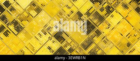 Seamless gold mosaic repeating pattern banner background digital square tiles. Yellow mirrored backdrop geometric squares. Stock Photo
