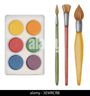 Watercolor paint palette and art brushes illustration set. Hand drawn artist painting tools and colorful pigments for school art class, creativity, an Stock Photo