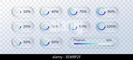 Glass load icon and button bar ui with chart progress percent. Box liquid circle and glass modern loading with pie pixel load. Design glass buffer and Stock Vector