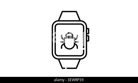 Smartwatch virus and system bug icon: wearable smart watch displaying insect malware symbol on screen, minimalist black line art vector illustration. Stock Vector