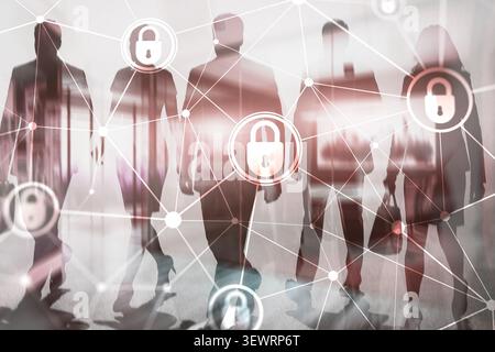 Cybersecurity risk management system for enterprise data protection and network security operations with security locks and people silhouettes Stock Photo