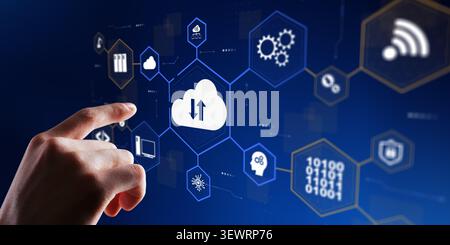 Cloud computing system for business data transfer and storage with interactive user hand and network icons Stock Photo