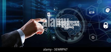 Transformer architecture scaling concept for AI model research with digital network and human interaction Stock Photo