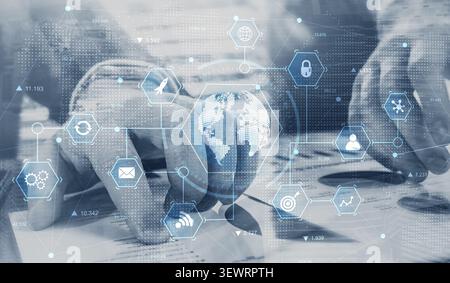 RPA robotic process automation system for enterprise workflow efficiency with digital network and hand interaction Stock Photo