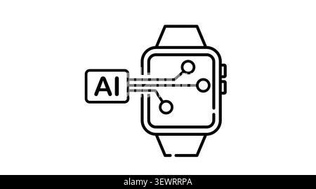 Smartwatch artificial intelligence icon: wearable smart watch displaying AI neural network symbol on screen, minimalist black line art vector illustra Stock Vector