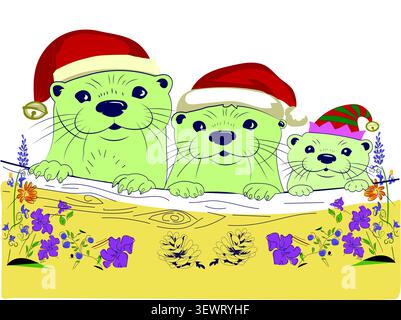 Santa hat and three otters Stock Vector