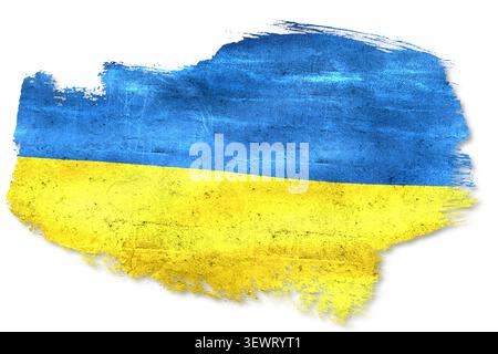 Distressed blue and yellow colors creating symbolic abstract brushstroke on white background Stock Photo