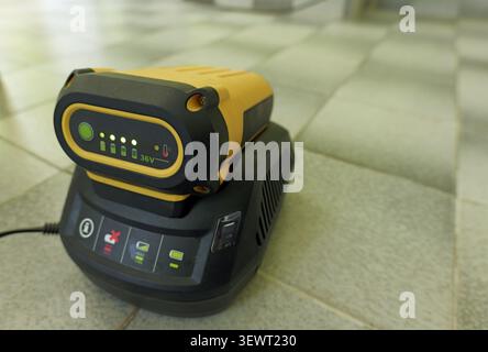 Yellow and black 36v lithium ion battery pack charging on a compatible black charger, with indicator lights showing the charging status and voltage Stock Photo