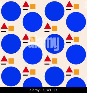 Classic Bauhaus Geometric Seamless Pattern Large Circle Blue Cream Red Yellow, Primary Colors Vector Background Textile Stock Vector