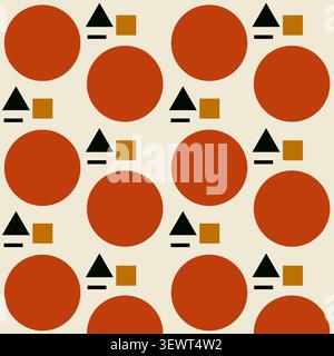 Bauhaus Geometric Seamless Pattern Large Circle Terracotta Green Cream, Mid Century Modern Vector Background for Textile Packaging Stock Vector