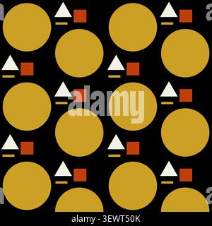 Premium Dark Bauhaus Geometric Seamless Pattern, Large Circle Navy Blue Gold Yellow, Mid Century Modern Vector Background Stock Vector
