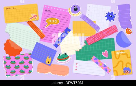 Set of Various Torn Paper Notes, Stickers, Tapes. Stock Vector