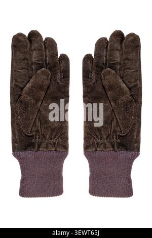 Soft suede winter gloves featuring ribbed knitted cuffs for warmth Stock Photo