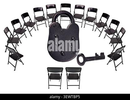 Black Folding chairs for easy seating for groups around a large lock to show being locked into another meeting Stock Photo
