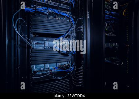 View of a server rack filled with networking equipment, organized blue ethernet cables, and blinking status lights in a data center in Los Angeles, Ca Stock Photo