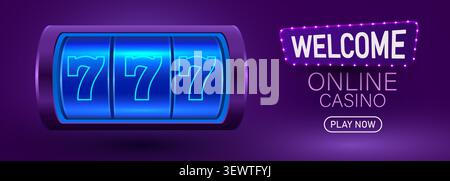 Neon online casino banner with slot machine 777. Gambling web template for your design. Vector illustration Stock Vector