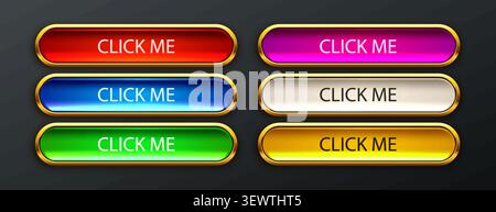 Set of colorful glossy web buttons with golden borders. Modern interface elements for design. Vector illustration Stock Vector