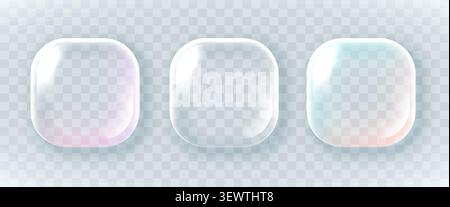 Set of three glossy glass square buttons. Transparent rounded frames for your design. Vector illustration. Stock Vector