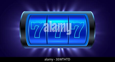 Neon blue slot machine reels with lucky seven jackpot on dark background. Vector illustration. Stock Vector