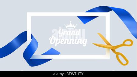 Grand opening ceremony invitation with blue ribbon and gold scissors. Festive ribbon cutting Vector illustration. Stock Vector
