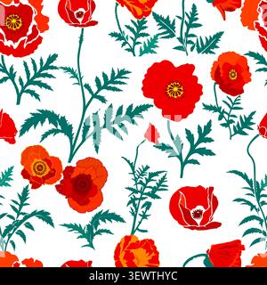 Red poppy seamless pattern . Hand drawn. Not AI, vector illustration. Stock Vector