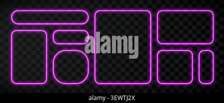 Set of glowing purple neon frames with rounded corners. Collection of luminous rectangular borders. Vector illustration Stock Vector
