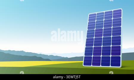 Solar panel standing in a green field under a clear blue sky. Sustainable energy source. Vector illustration Stock Vector