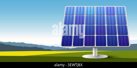 Solar panel installed in a green field with mountain landscape. Sustainable energy source. Vector illustration. Stock Vector
