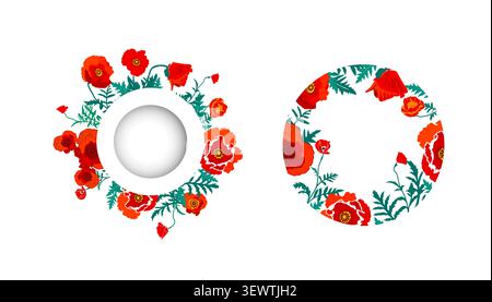 red poppy set round frames . Hand drawn. Not AI, vector illustration. Stock Vector