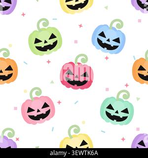 Adorable seamless pattern with colorful pastel Halloween pumpkins and stars. Perfect for spooky season wallpaper, gift wrap, fabric, and festive party Stock Vector