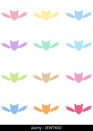A set of 12 colorful pastel Halloween bat silhouettes. Flat vector illustration isolated on white background. Perfect for spooky season decor, sticker Stock Vector
