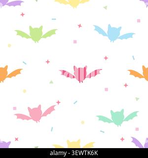 Adorable seamless pattern with colorful pastel bat silhouettes and stars. Perfect for spooky season wallpaper, gift wrap, fabric, and festive decorati Stock Vector