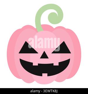 Cute pastel pink Halloween pumpkin with a spooky smiling face. Flat vector illustration isolated on white. Perfect for spooky season decor, stickers, Stock Vector