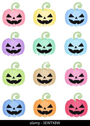 A set of 12 colorful pastel Halloween pumpkins with spooky faces. Flat vector illustration isolated on white. Perfect for party decor, stickers, and p Stock Vector