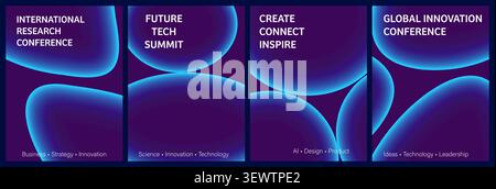 Abstract fluid liquid shapes with glowing organic bubbles, neon gradient background. Set of posters Stock Vector