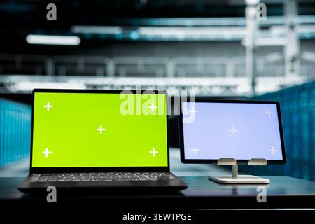Concerned mockup device reviews warning messages in a data center while troubleshooting errors affecting equipment performance. Stock Photo
