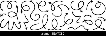 Arrow vector line set. Curved shape doodle brush element arow. Squiggly scribble direction up down abstract pointer. Change plan abstract stroke Stock Vector