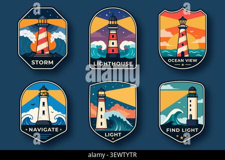 Set of six lighthouse badges with ocean waves, sunsets, clouds and bold text on dark blue background. Concept of sea travel, stickers and marine desig Stock Vector